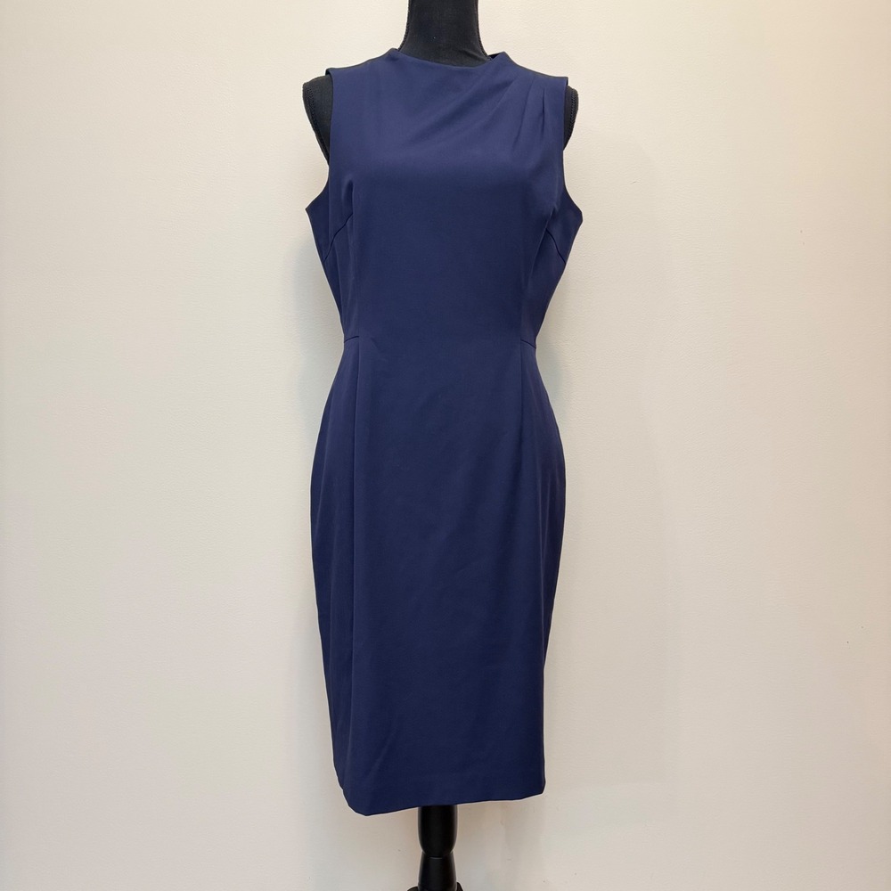 Antonio Melani Navy Blue Sleeveless Pleated Sheath Dress Womens 8 Career Chic